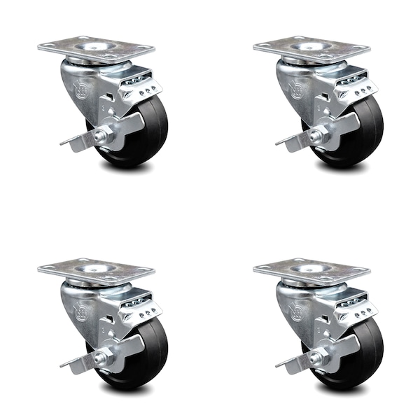 3.5 Inch Soft Rubber Wheel Swivel Top Plate Caster Set with Brake